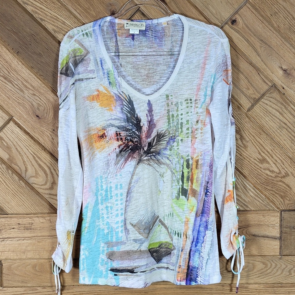 Impulse California Sheer Top Womens Size M Palm Tree Abstract Lace Up Sleeve